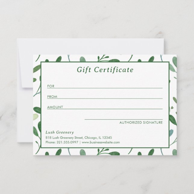 Greenery Pattern Modern Gift Certificate (Front)