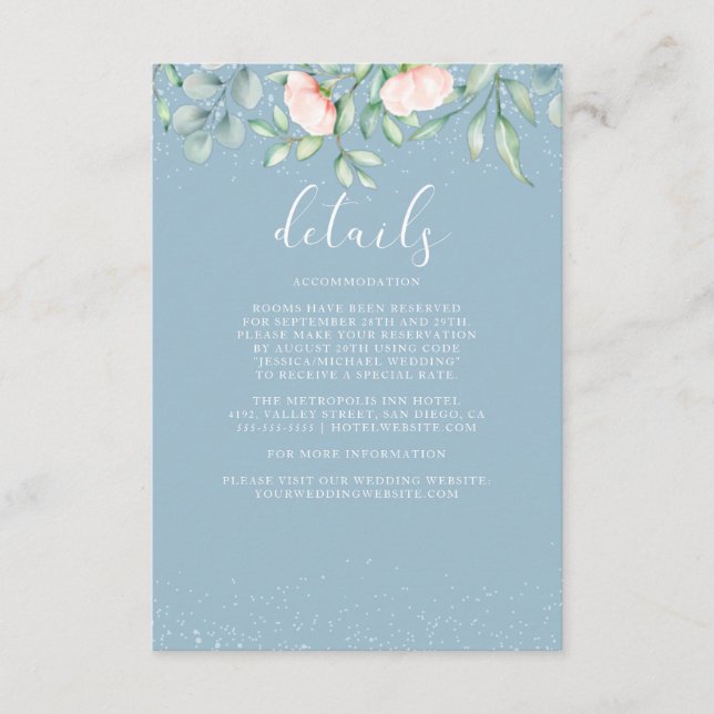Greenery Peach Roses Dusty Blue Wedding Details Enclosure Card (Front)