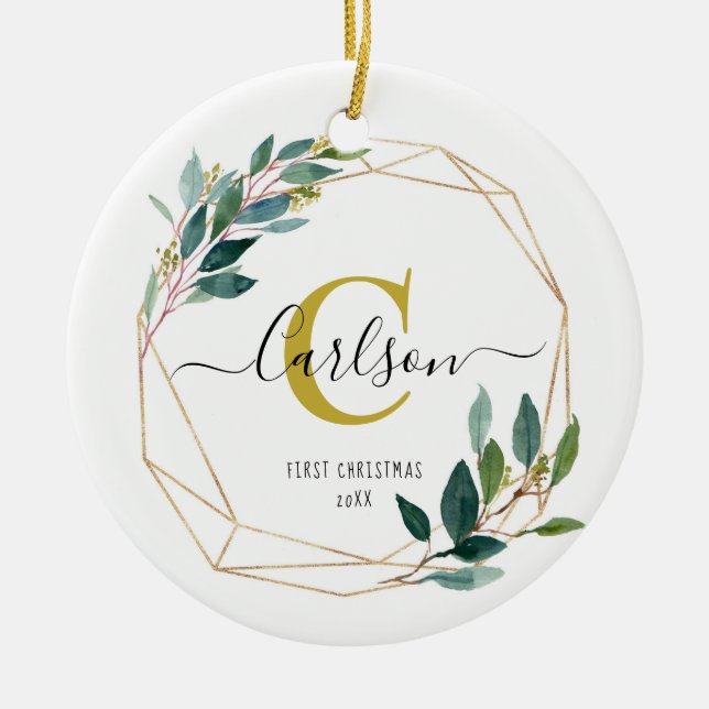 Greenery Personalised First Christmas Name Initial Ceramic Ornament (Front)