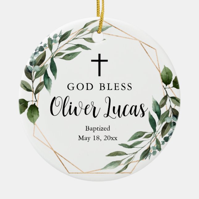 Greenery Personalized Baptism Ceramic Ornament (Front)