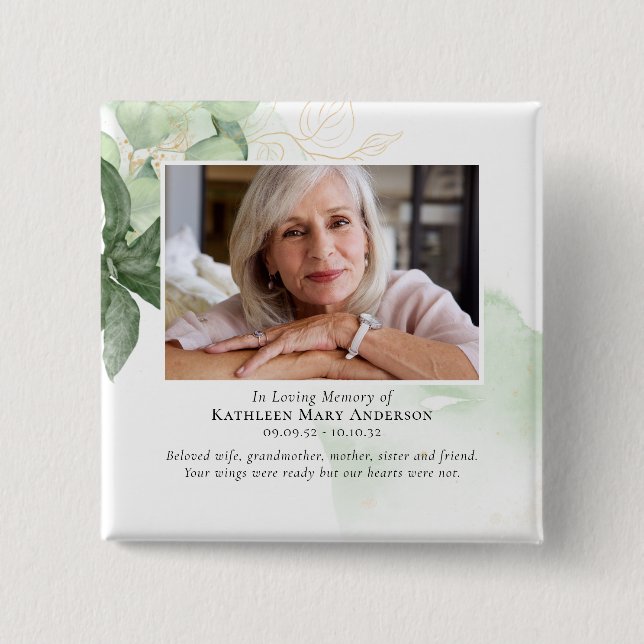 Greenery Photo Memorial Tribute Keepsake 2 Inch Square Button (Front)
