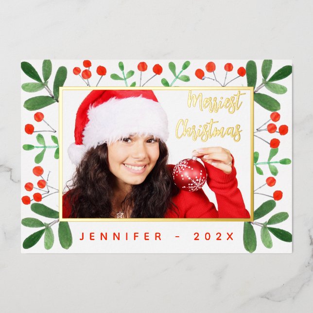 Greenery Photo Merriest Christmas Script Red Gold  Foil Holiday Card (Front)