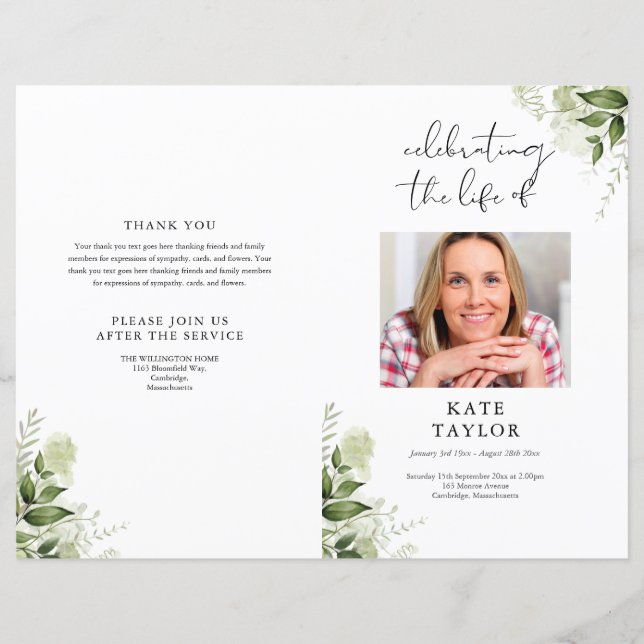 Greenery Photo Order Of Service Funeral Program (Front)