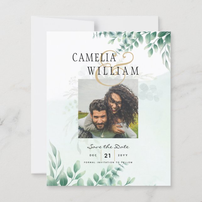Greenery PHOTO SAVE THE DATES Eucalyptus BUDGET (Front)