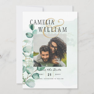 Greenery PHOTO SAVE THE DATES Eucalyptus BUDGET Invitation