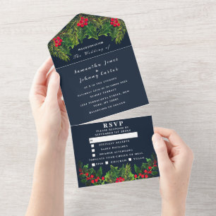 Greenery Pine Winter Navy Blue Watercolor Wedding All In One Invitation