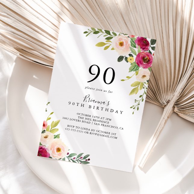 Greenery Pink Blush Floral 90th Birthday Party Invitation (Creator Uploaded)