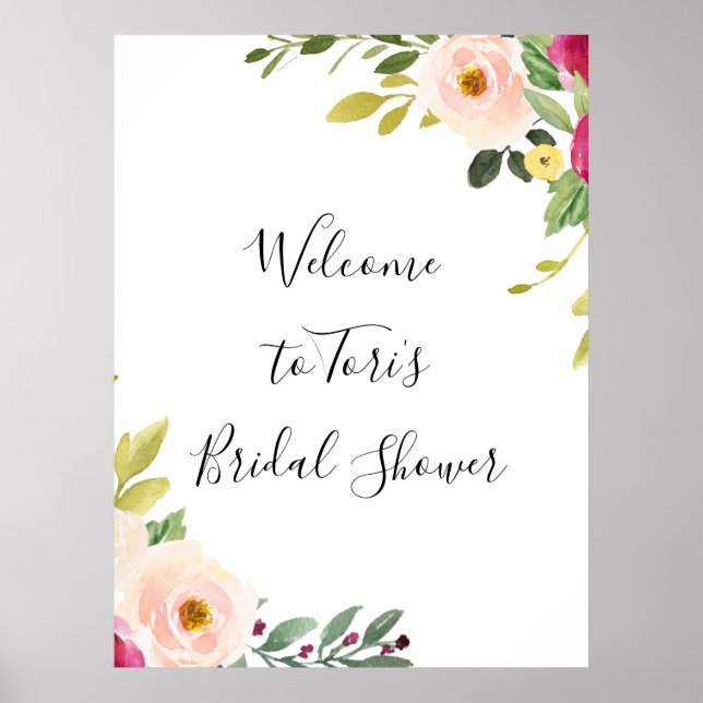 Greenery Pink Blush Floral Bridal Shower Poster (Front)