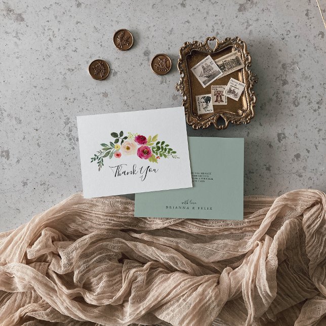 Greenery Pink Blush Floral Flat Wedding Thank You Card (Creator Uploaded)
