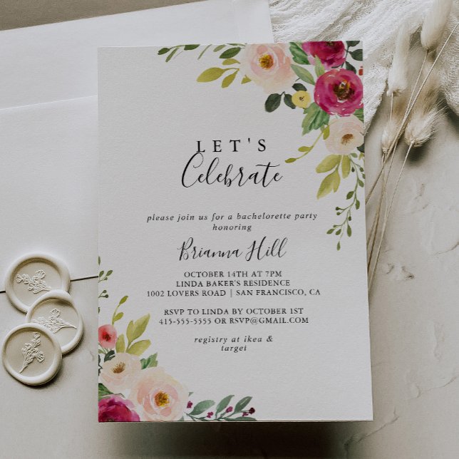 Greenery Pink Blush Floral Let's Celebrate Party Invitation (Creator Uploaded)