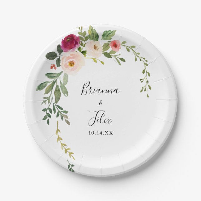 Greenery Pink Blush Floral Wedding Cake Paper Plate (Front)