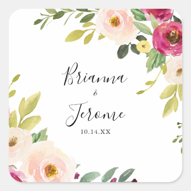 Greenery Pink Blush Floral Wedding Envelope Seals (Front)