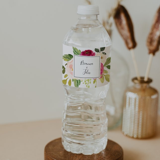 Greenery Pink Blush Floral Wedding Water Bottle Label (Creator Uploaded)