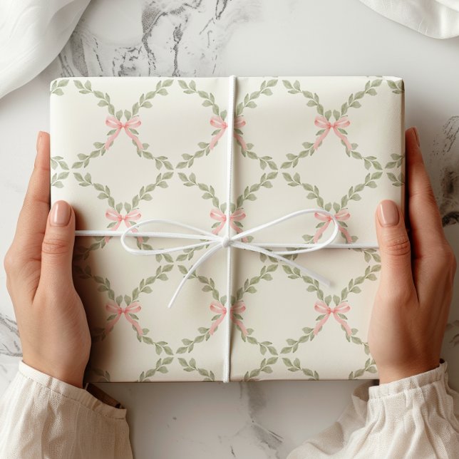 Greenery Pink Bow Trellis Wrapping Paper (Creator Uploaded)
