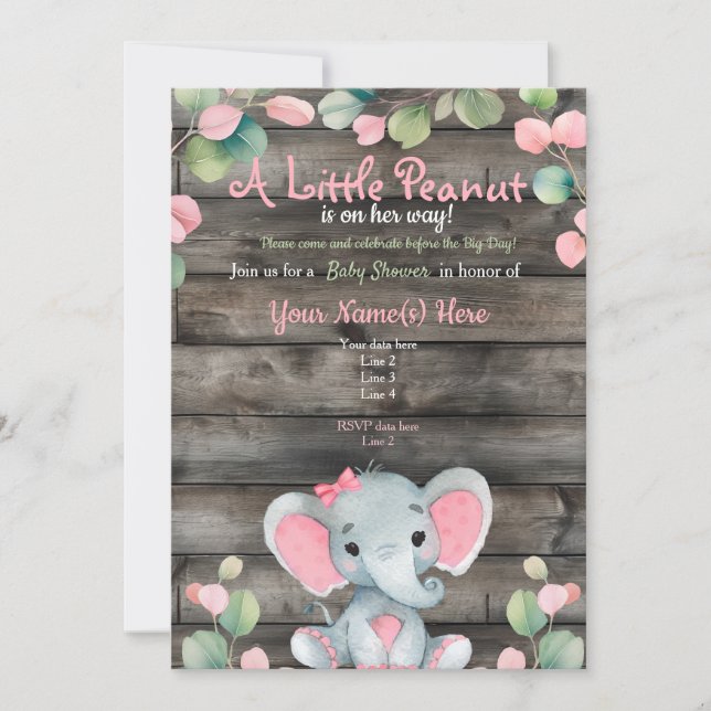 Greenery Pink Elephant Baby Shower invitation card (Front)