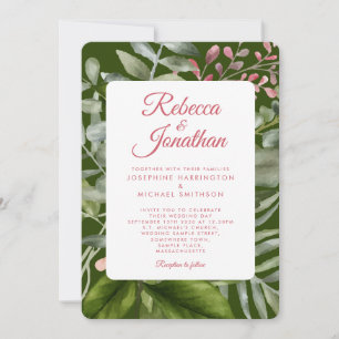 Greenery Pink Emerald Green Foliage Wedding Invitation