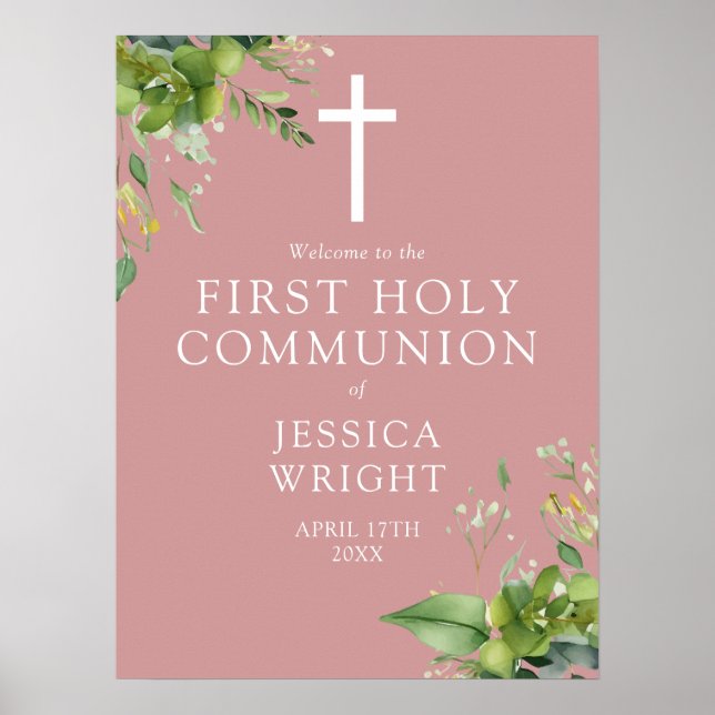 Greenery Pink First Holy Communion Welcome Sign (Front)