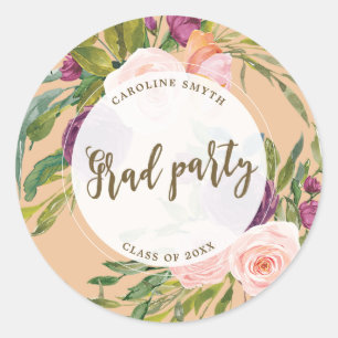 greenery pink florals graduation party sticker