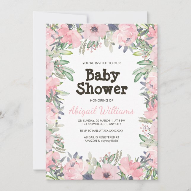 Greenery Pink Flower Baby Shower Invitation (Front)
