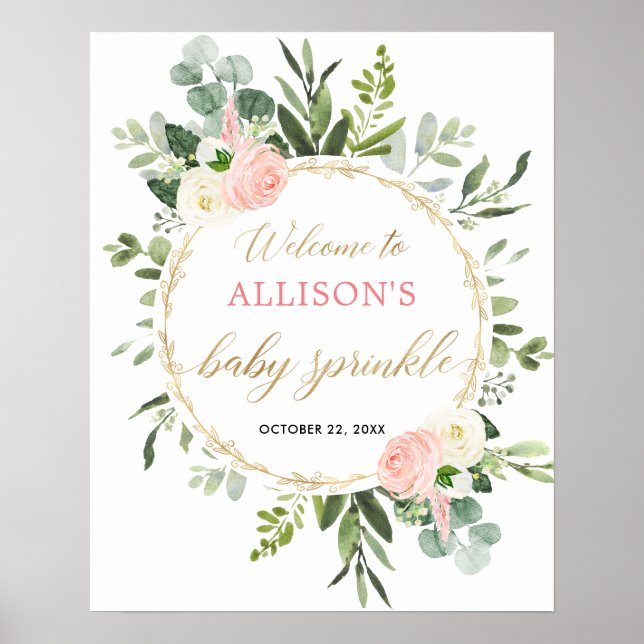 Greenery pink gold girl baby sprinkle welcome sign (Front)