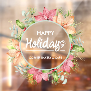 Greenery Poinsettia Wreath Happy Holidays  Window Cling