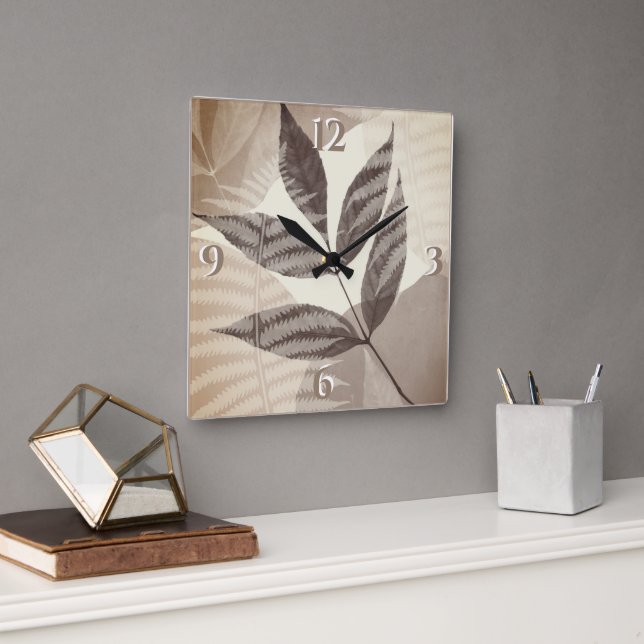 Greenery Pressed Leaf Beige Shades Modern Square Wall Clock (Office)