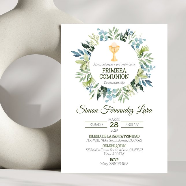 Greenery Primera Comunion Spanish First Communion Invitation (Creator Uploaded)