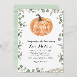 Greenery Pumpkin is on Its Way Fall Baby Shower Invitation