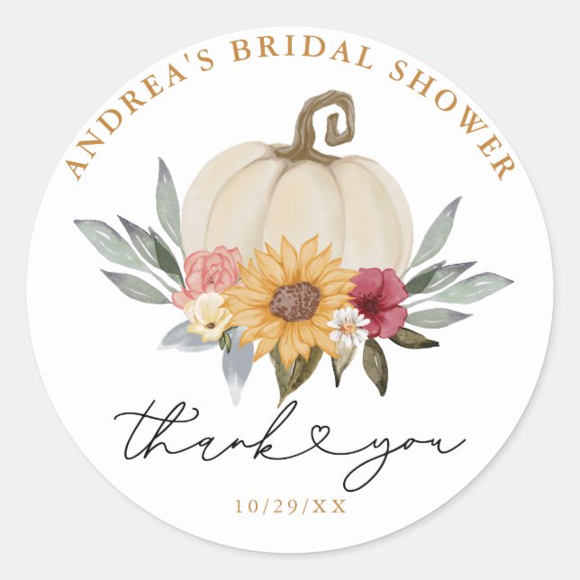 Greenery Pumpkin Sunflower Bridal Shower Thank you Classic Round Sticker (Front)