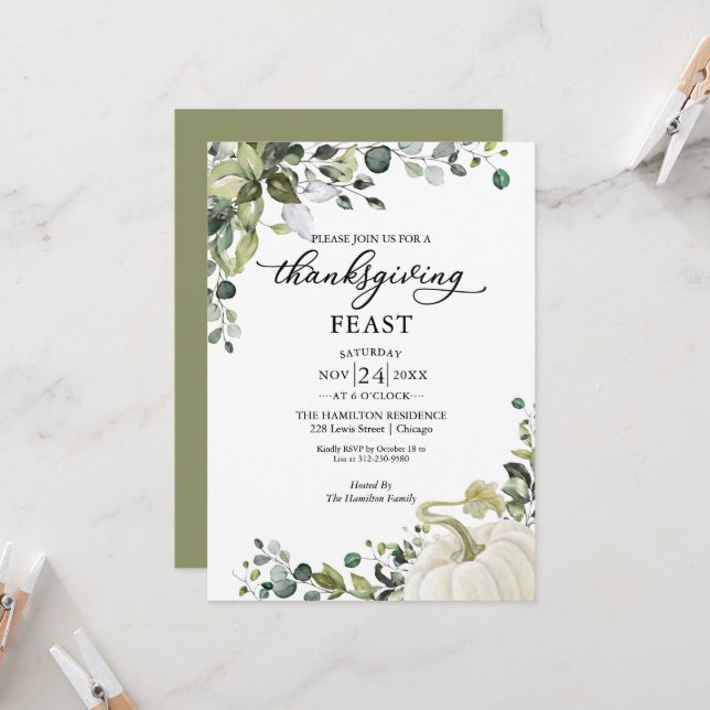 Greenery Pumpkin Thanksgiving Feast Invitation (Front/Back In Situ)