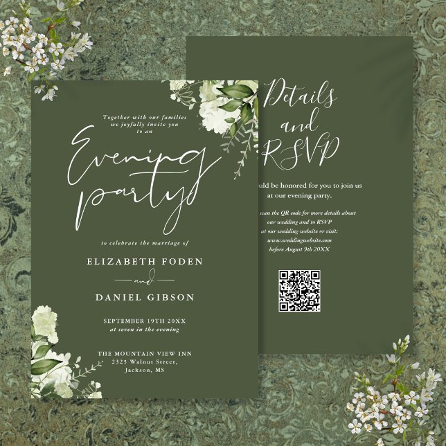 Greenery QR Code Olive Green Wedding Evening Party Invitation (Greenery QR Code Olive Green Wedding Evening Party Invitation)