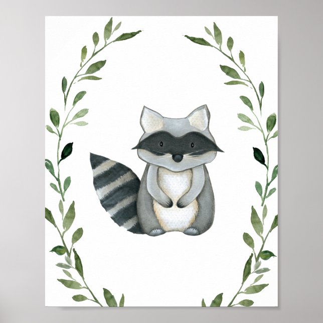 Greenery Raccoon Woodland Animals Nursery Wall Art (Front)
