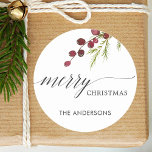 Greenery Red Berries Holiday Classic Round Sticker<br><div class="desc">This holiday sticker features painted watercolor red berries and pine branch with the words “Merry Chrismas”. Personalized this by adding your own text.</div>