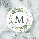 Greenery Red Berries Holiday Monogram Classic Round Sticker<br><div class="desc">This holiday sticker features painted watercolor red berries,  pine branches,  eucalyptus and green leaves with monogram.</div>
