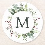 Greenery Red Berries Holiday Monogram Round Paper Coaster<br><div class="desc">This holiday paper coaster features painted watercolor red berries,  pine branches,  eucalyptus and green leaves with monogram.</div>