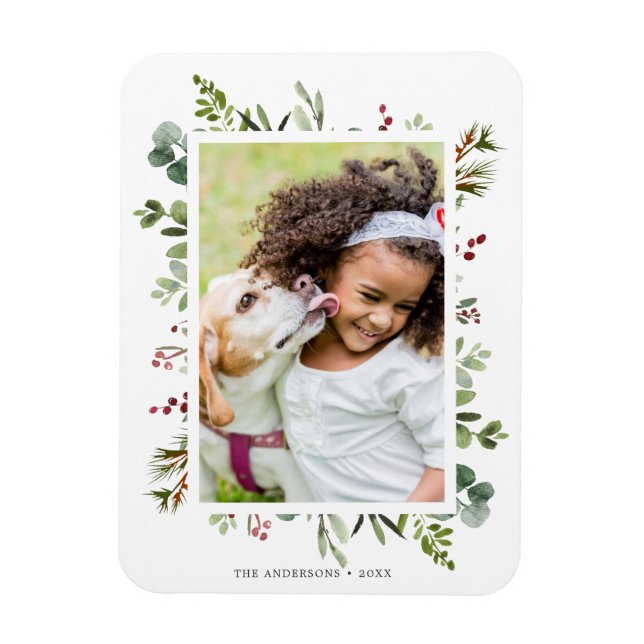 Greenery Red Berries Holiday Photo Magnet (Vertical)