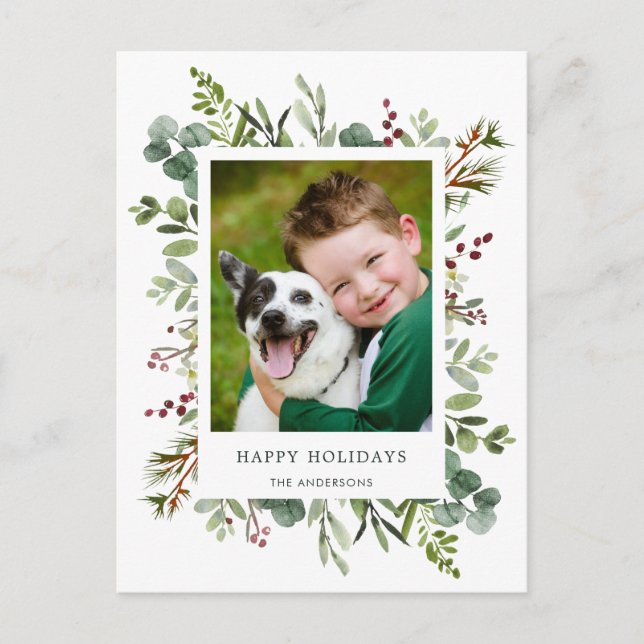 Greenery Red Berries Holiday Photo Postcard (Front)