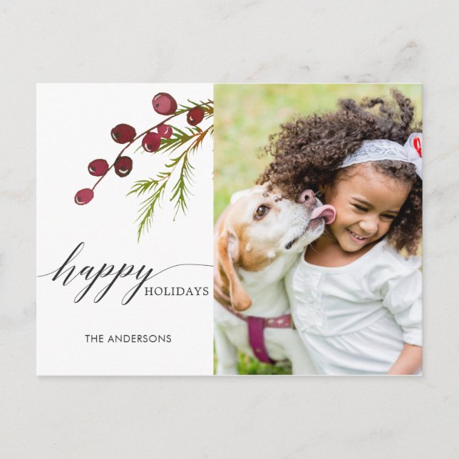 Greenery Red Berries Holiday Photo Postcard (Front)