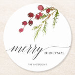Greenery Red Berries Holiday Round Paper Coaster<br><div class="desc">This holiday paper coaster features painted watercolor red berries and pine branch with the words “Merry Christmas”.  Personalized this by adding your own text.</div>