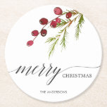 Greenery Red Berries Holiday Round Paper Coaster<br><div class="desc">This holiday paper coaster features painted watercolor red berries and pine branch with the words “Merry Christmas”.  Personalized this by adding your own text.</div>
