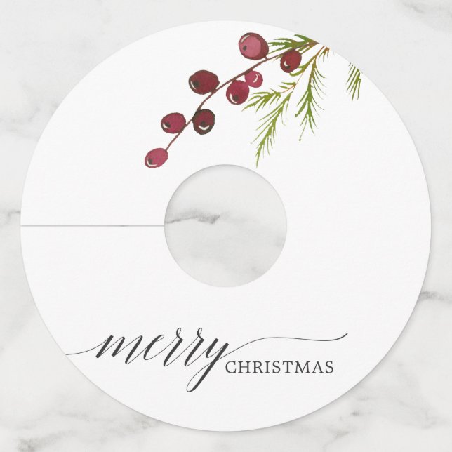 Greenery Red Berries Holiday Wine Glass Tag (Front)