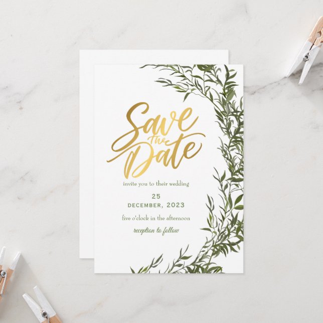 Greenery Romantic Save The Date Invitation (Front/Back In Situ)
