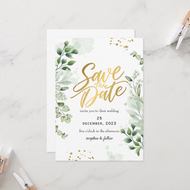 Greenery Romantic Save The Date Invitation (Front/Back In Situ)