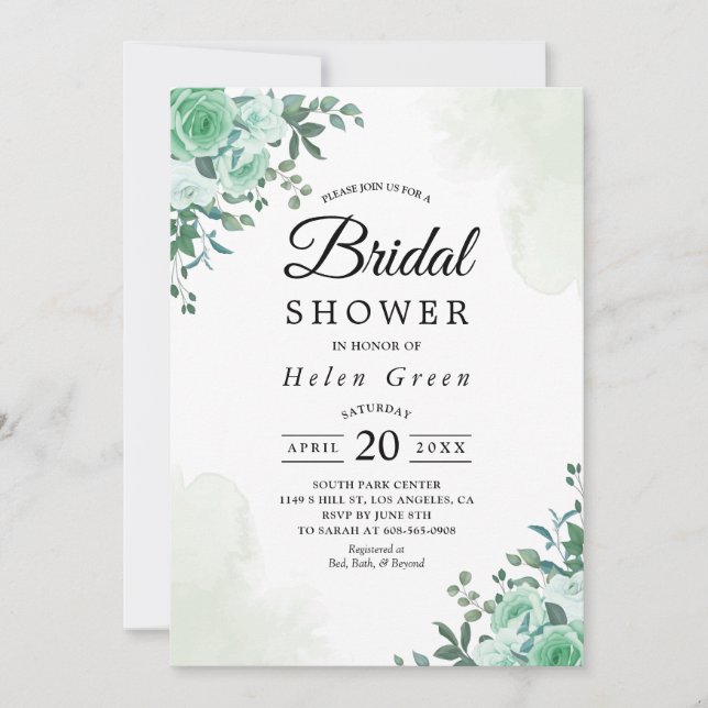 Greenery Rose Floral Watercolor Bridal Shower Invitation (Front)