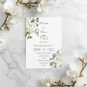 Greenery rose wedding ring Spanish Wedding Invitation