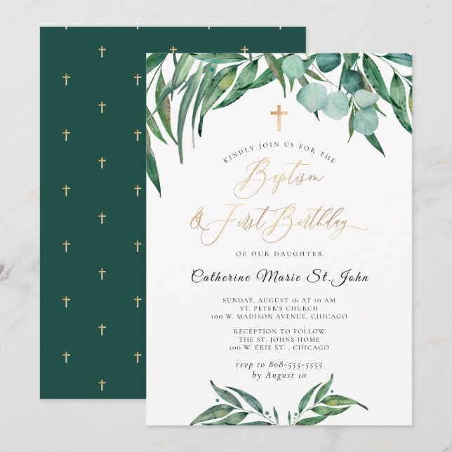 Greenery Rustic Eucalyptus 1st Birthday Baptism Invitation (Front/Back)