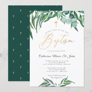 Greenery Rustic Eucalyptus Faux Gold Baptism Invitation
