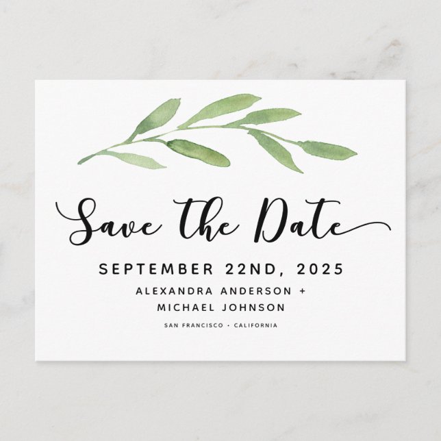 Greenery Rustic Simple Elegant Watercolor Wedding Announcement Postcard (Front)