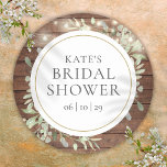 Greenery Rustic String Lights Bridal Shower Classic Round Sticker<br><div class="desc">Featuring pretty string lights and delicate watercolor greenery leaves on a rustic wood background,  this chic botanical bridal shower sticker can be personalized with your special bridal shower information. Designed by Thisisnotme©</div>