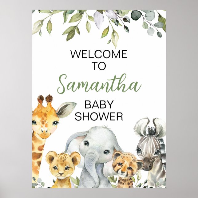 Greenery Safari Animals Baby Shower Welcome Sign (Front)